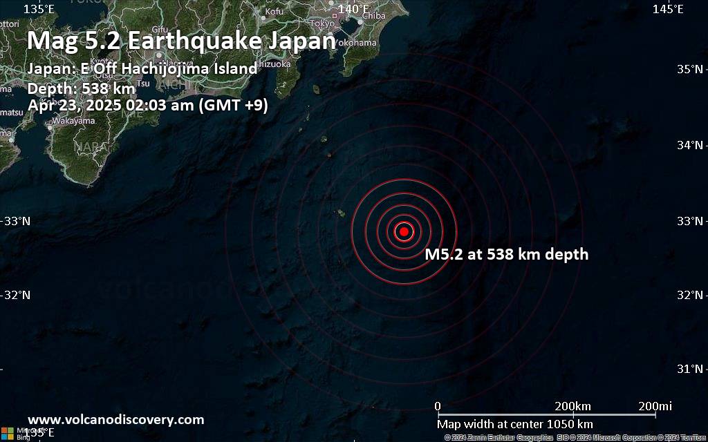 Moderate yet deep magnitude 5.2 quake hits 99 km southeast of Hachijo, Japan early morning