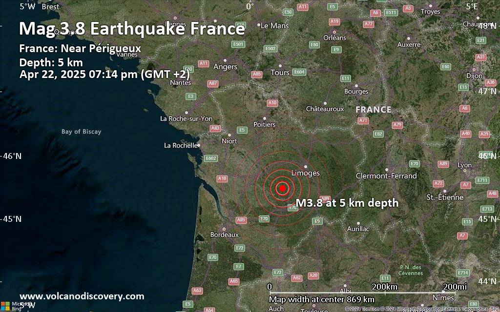 Small magnitude 3.8 quake hits 34 km north of Perigueux, France early evening