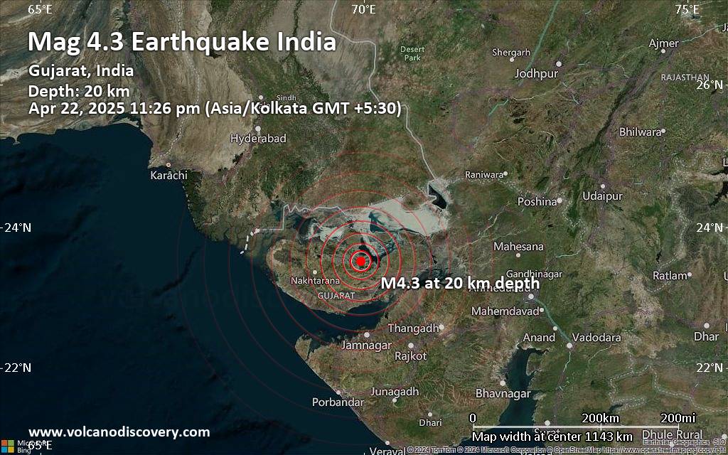 Moderate magnitude 4.3 earthquake 41 km northeast of Bhuj, India