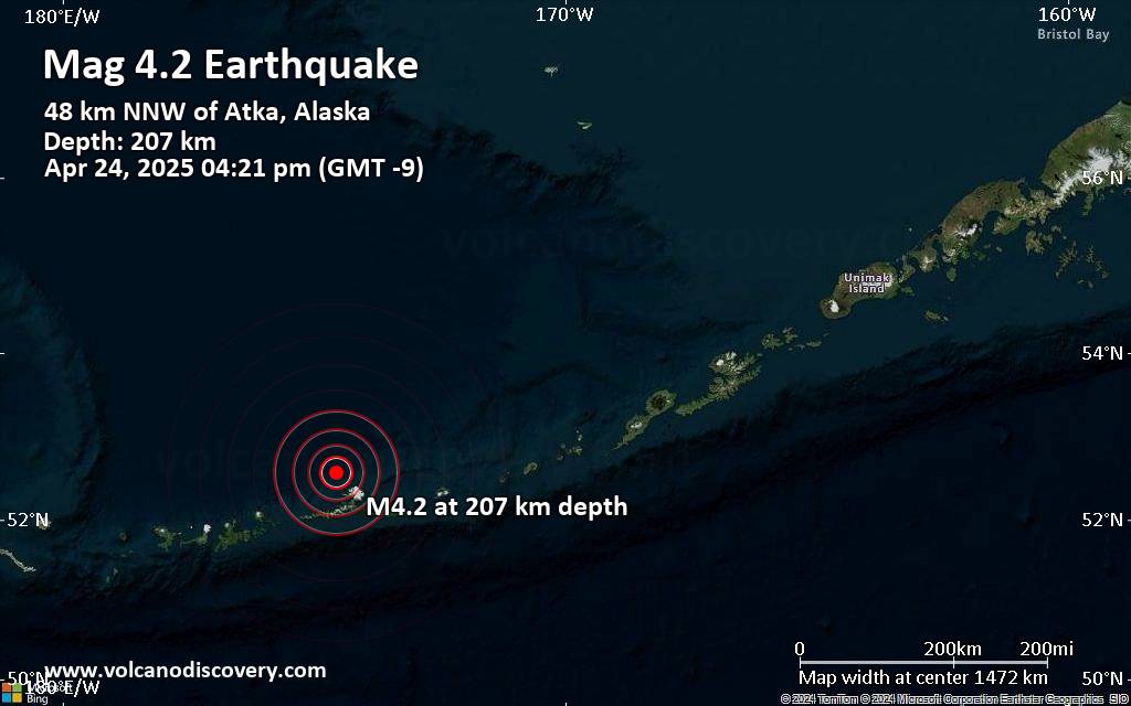 Magnitude 4.2 earthquake strikes near Atka, Aleutians West, Alaska, USA