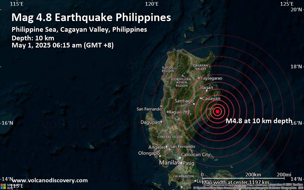 Moderate earthquake of magnitude 4.8 just reported 98 km southeast of Santiago, Philippines