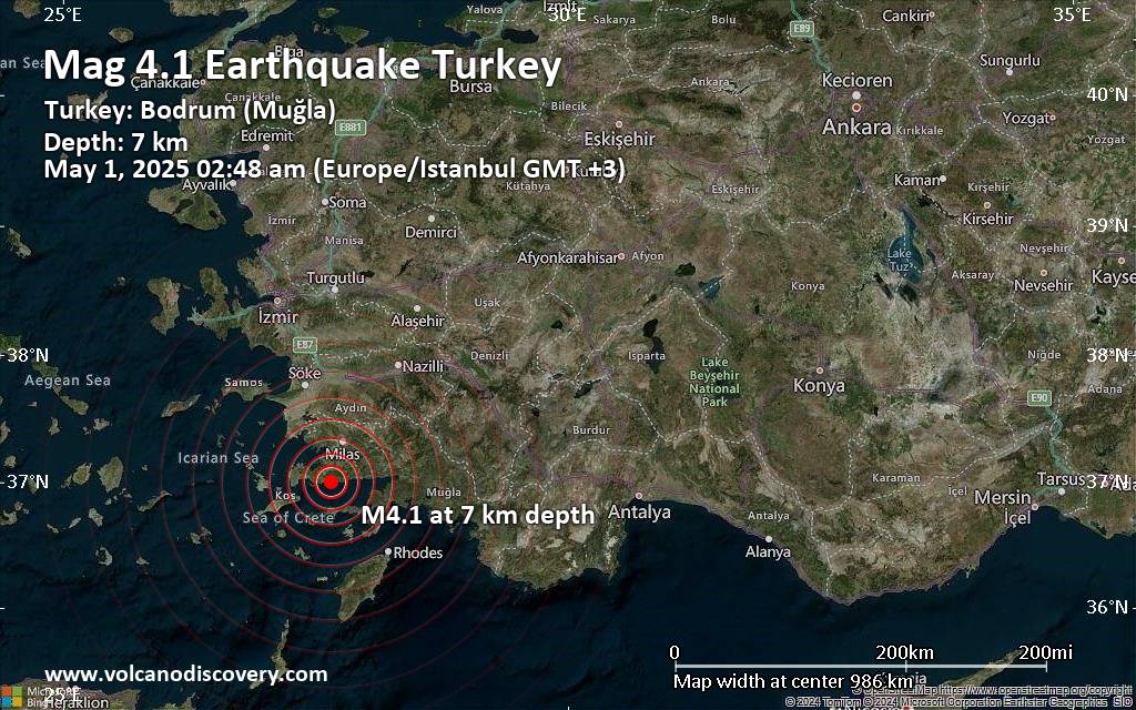 Moderate magnitude 4.1 earthquake 21 km east of Bodrum, Turkey