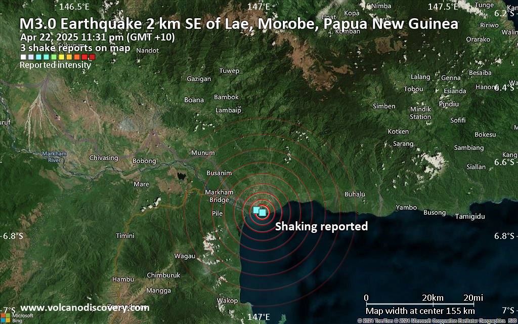 Seismic-like event, possible earthquake, reported few minutes ago near Lae, Morobe Province, Papua New Guinea