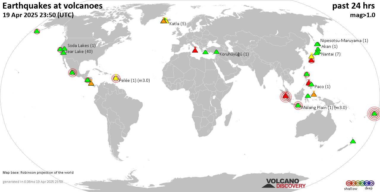World map showing volcanoes with shallow (less than 50 km) earthquakes within 20 km radius  during the past 24 hours on 19 Apr 2025 Number in brackets indicate nr of quakes.