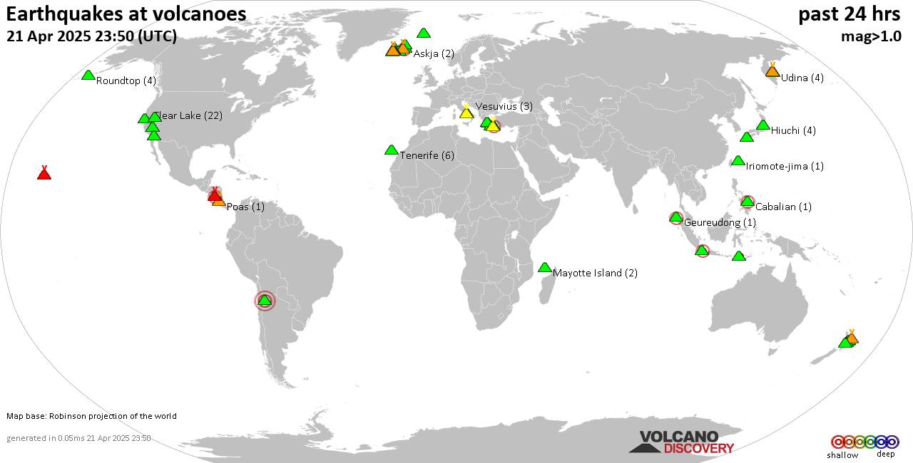 World map showing volcanoes with shallow (less than 50 km) earthquakes within 20 km radius  during the past 24 hours on 21 Apr 2025 Number in brackets indicate nr of quakes.