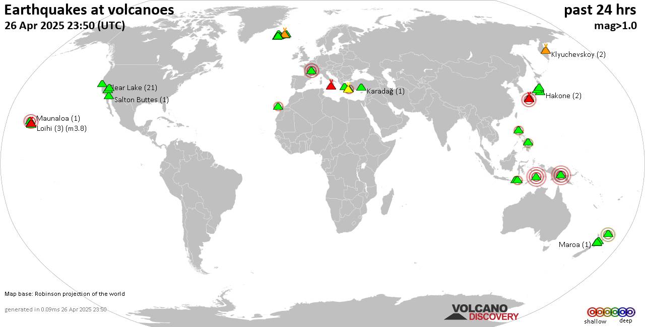World map showing volcanoes with shallow (less than 50 km) earthquakes within 20 km radius  during the past 24 hours on 26 Apr 2025 Number in brackets indicate nr of quakes.