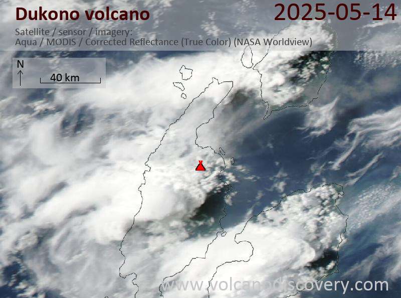 Satellite image of Dukono volcano on 14 May 2025
