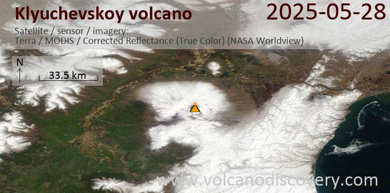 Satellite image of Klyuchevskoy volcano on 28 May 2025