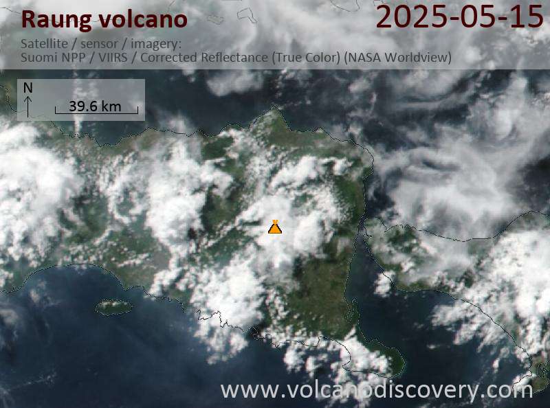 Satellite image of Raung volcano on 15 May 2025