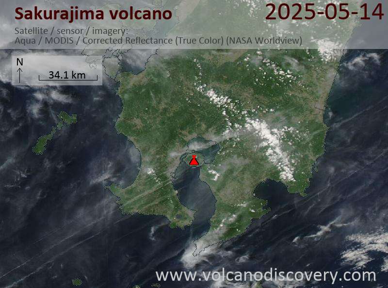 Satellite image of Sakurajima volcano on 14 May 2025
