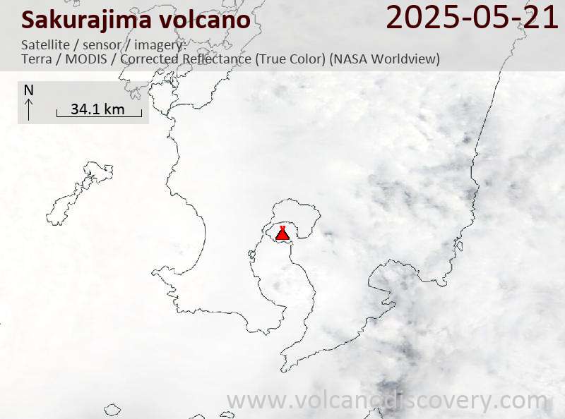 Satellite image of Sakurajima volcano on 21 May 2025