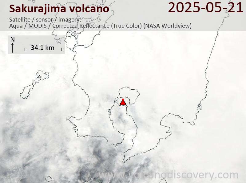 Satellite image of Sakurajima volcano on 22 May 2025