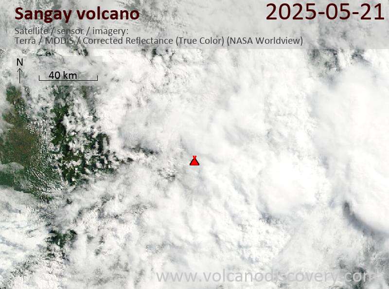 Satellite image of Sangay volcano on 21 May 2025