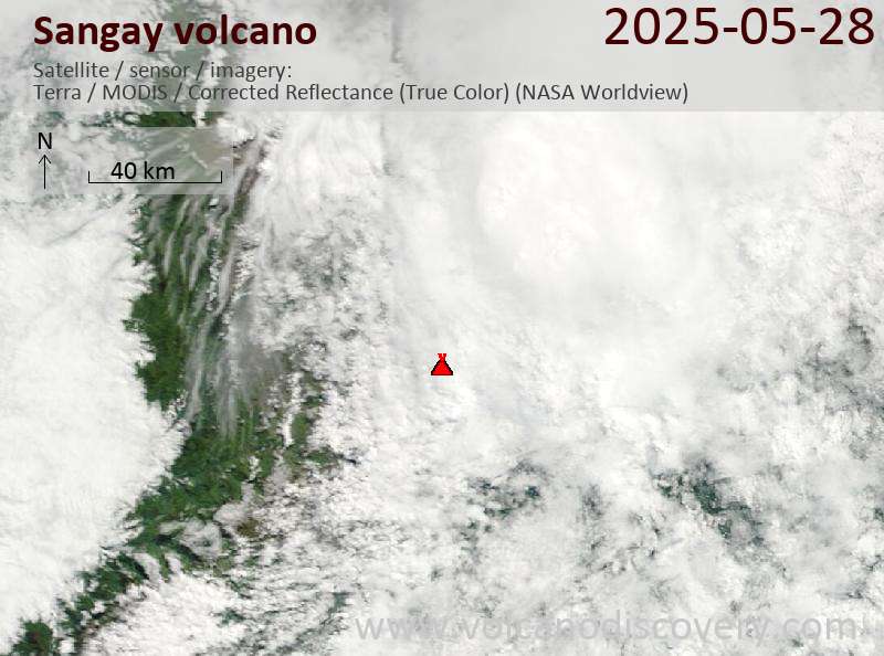 Satellite image of Sangay volcano on 28 May 2025