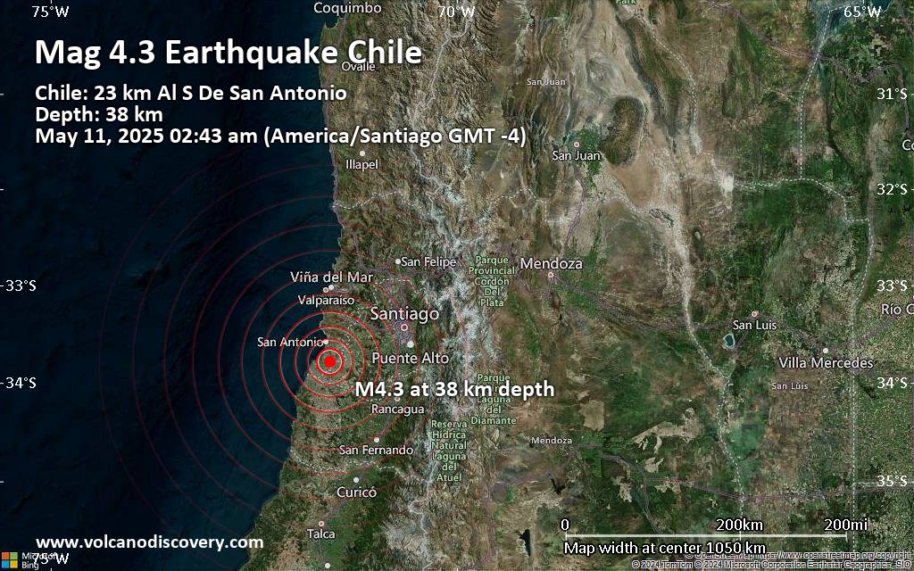 Moderate earthquake of magnitude 4.3 just reported 22 km southeast of San Antonio, Chile