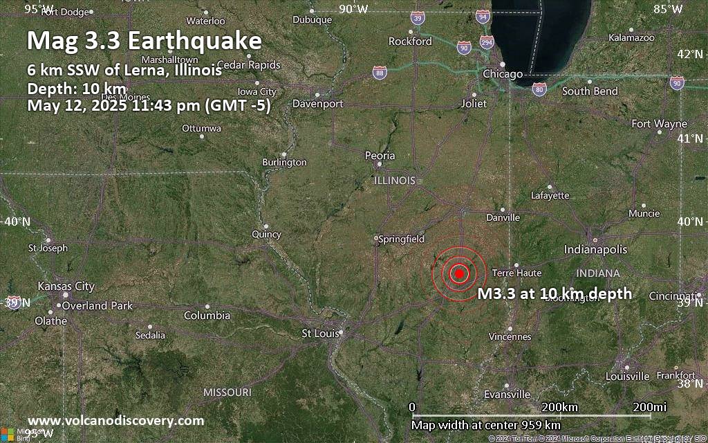 Leichtes Erdbeben der Stärke 3.3 - Cumberland County, Ilinois, 14 km südlich von Mattoon, Coles County, Illinois, USA, am Montag, 12. Mai 2025, um 23:43 (GMT -5)