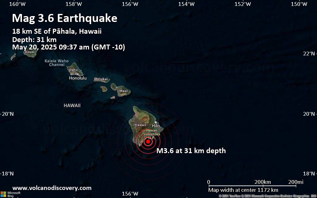 Small magnitude 3.6 earthquake 48 miles southwest of Hilo, Hawaii, United States
