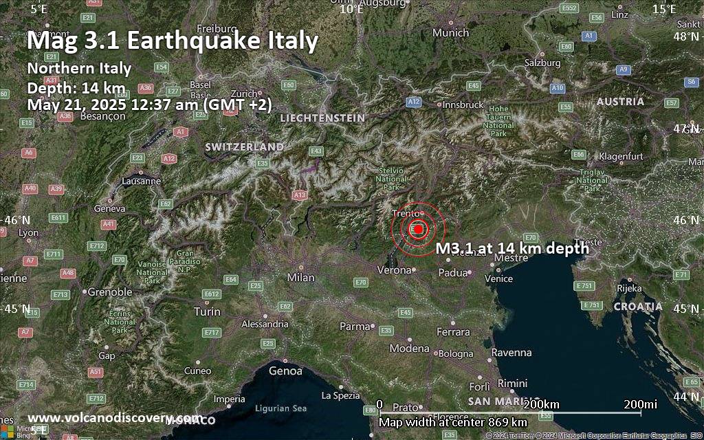Leichtes Erdbeben der Stärke 3.1 - 19 km südlich von Trient, Provinz Trento, Trentino-Südtirol, Italien, am Mittwoch, 21. Mai 2025, um 00:37 (GMT +2)