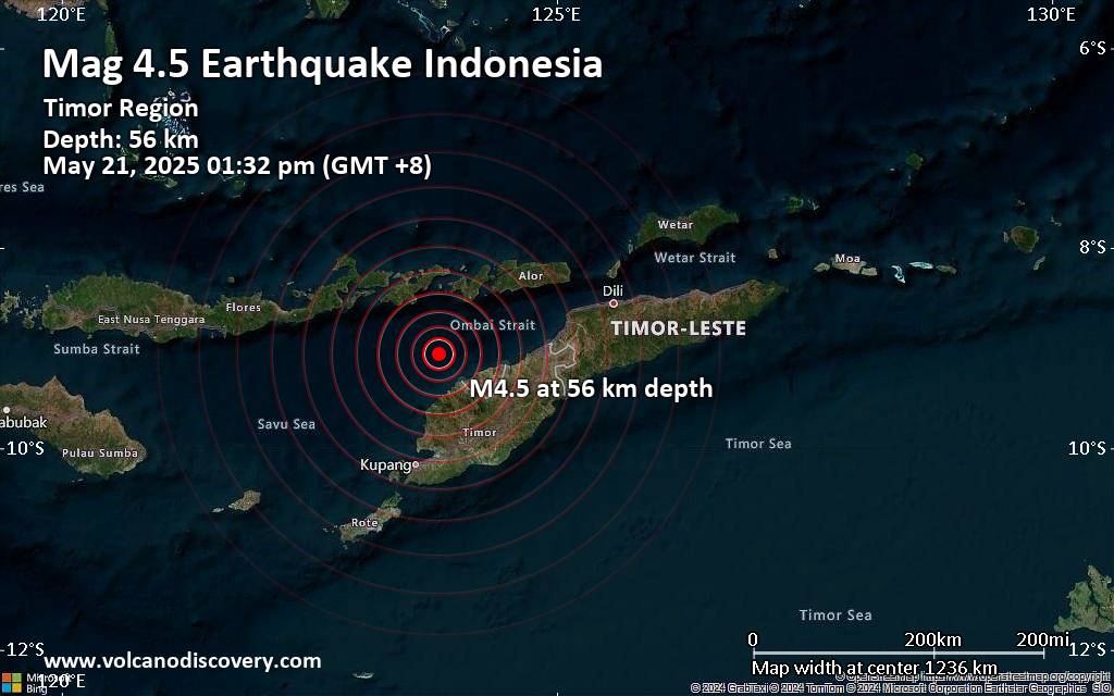 Moderate earthquake of magnitude 4.5 just reported 85 km northwest of Kefamenanu, Indonesia