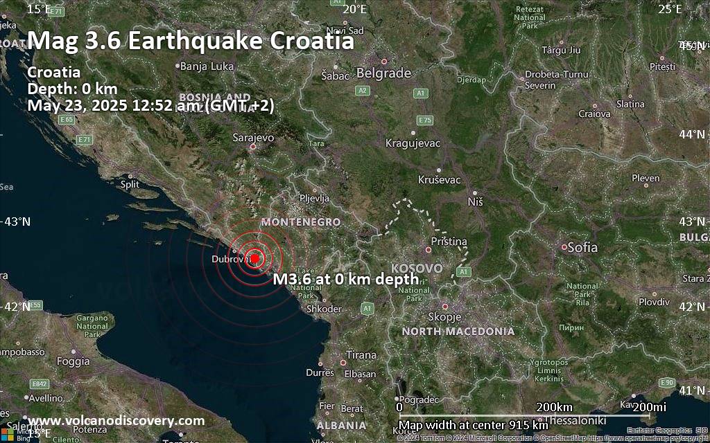 Small magnitude 3.6 earthquake 26 km southeast of Dubrovnik, Croatia
