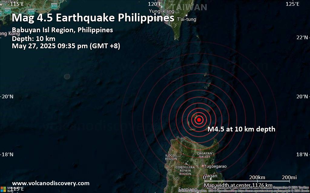 Moderate magnitude 4.5 quake hits 81 km northeast of Sanchez-Mira, Philippines in the evening