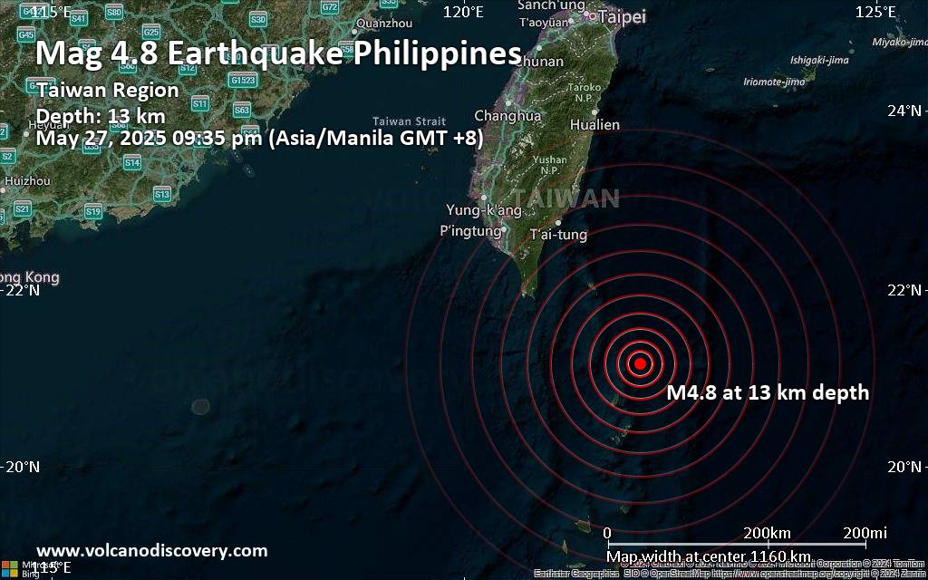 Moderate earthquake of magnitude 4.8 just reported 53 km northeast of Itbayat, Philippines