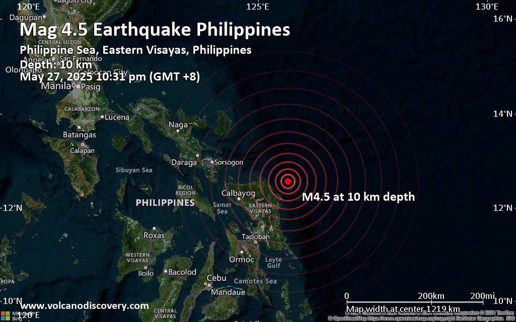 Moderate magnitude 4.5 quake hits 69 km east of Laoang, Philippines late at night