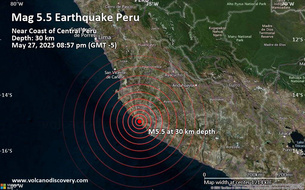 Significant magnitude 5.5 quake hits 48 km northwest of Minas de Marcona, Peru in the evening
