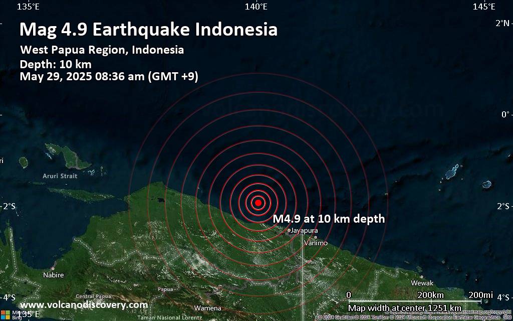 Moderate magnitude 4.9 quake hits 99 km northwest of Abepura, Indonesia in the morning