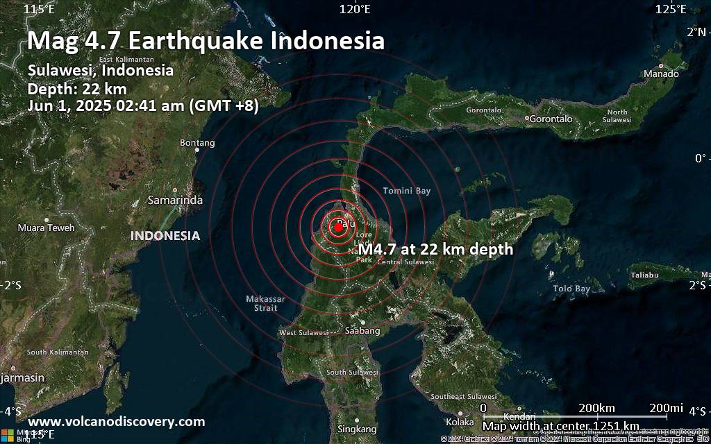 Moderate earthquake of magnitude 4.7 just reported 25 km southwest of Palu, Indonesia