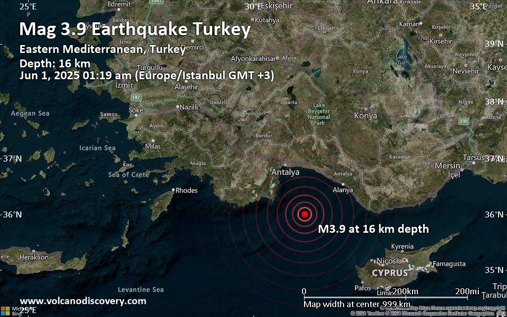Magnitude 3.9 earthquake strikes near Manavgat, Manavgat İlçesi, Antalya, Turkey