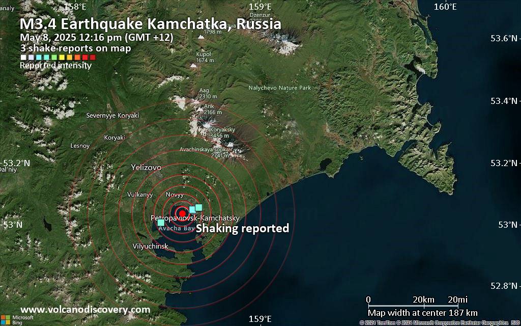 Unconfirmed quake or seismic-like event reported: 4.5 km southwest of Petropavlovsk-Kamchatskiy, Kamchatka, Russia, 5 minutes ago