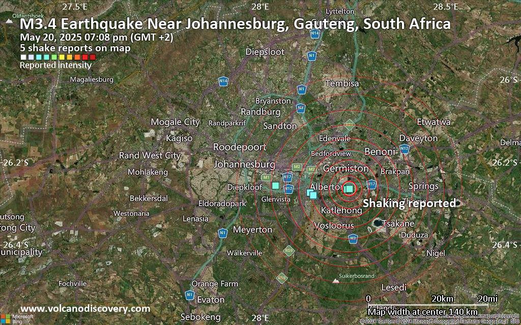 Unconfirmed quake or seismic-like event reported: Near Johannesburg, Gauteng, South Africa, 4 minutes ago