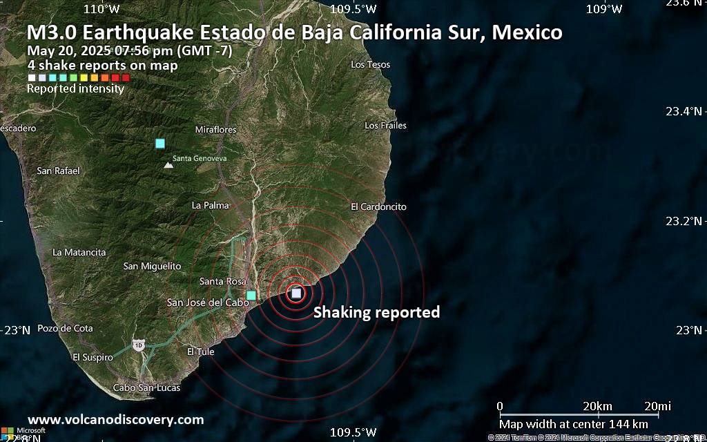 Unconfirmed quake or seismic-like event reported: 9.3 km east of San Jose del Cabo, Estado de Baja California Sur, Mexico, 4 minutes ago