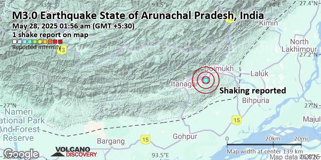 Unconfirmed quake or seismic-like event reported: 8.8 km east of Itanagar, Papum Pare, State of Arunachal Pradesh, India, 3 minutes ago