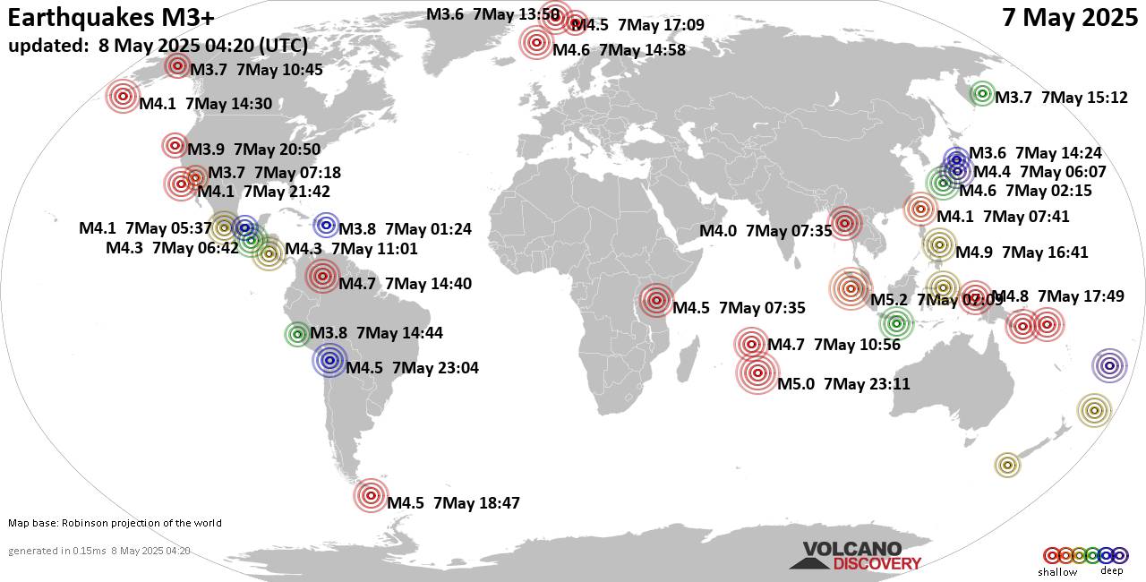 Mapa mundial que muestra terremotos de magnitud 3 en las últimas 24 horas  8 mayo 2025