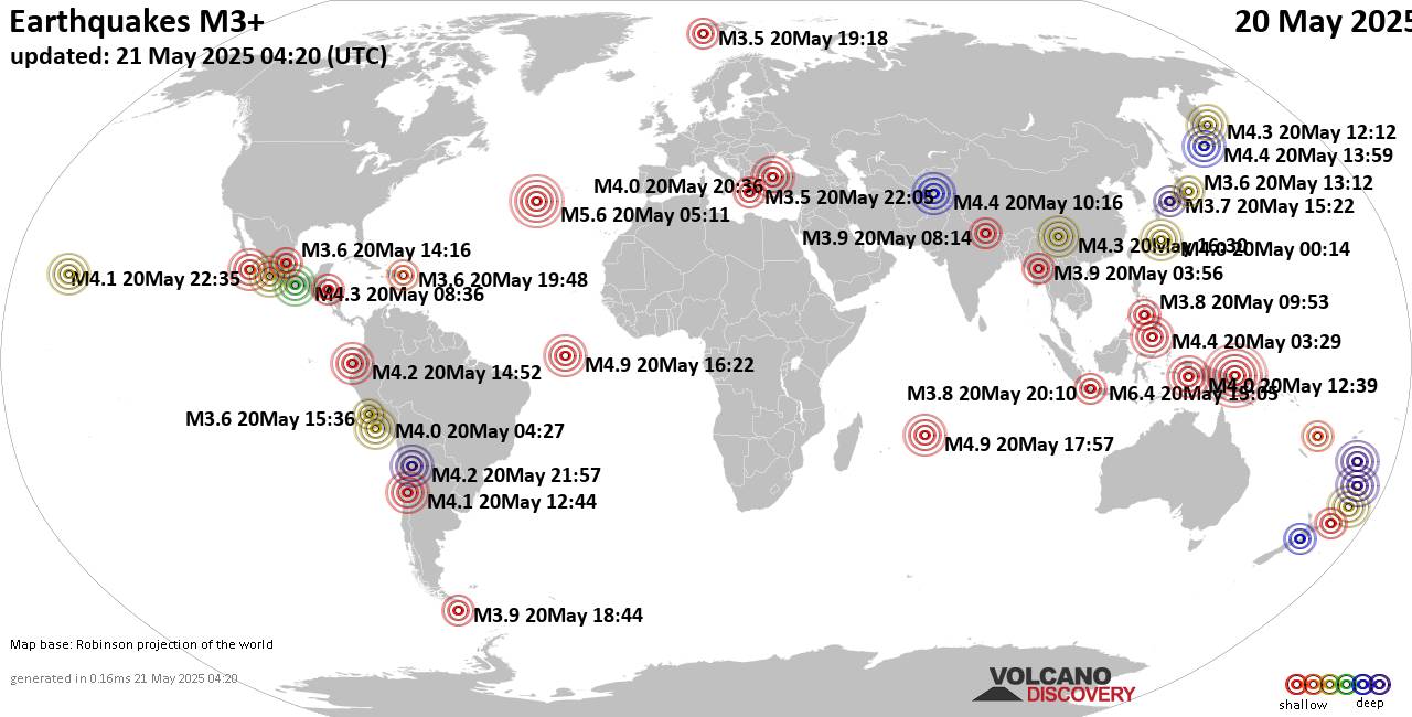 Weltkarte mit Erdbeben über Magnitude 3 während den letzten 24 Stunden past 24 hours am 21. Mai 2025