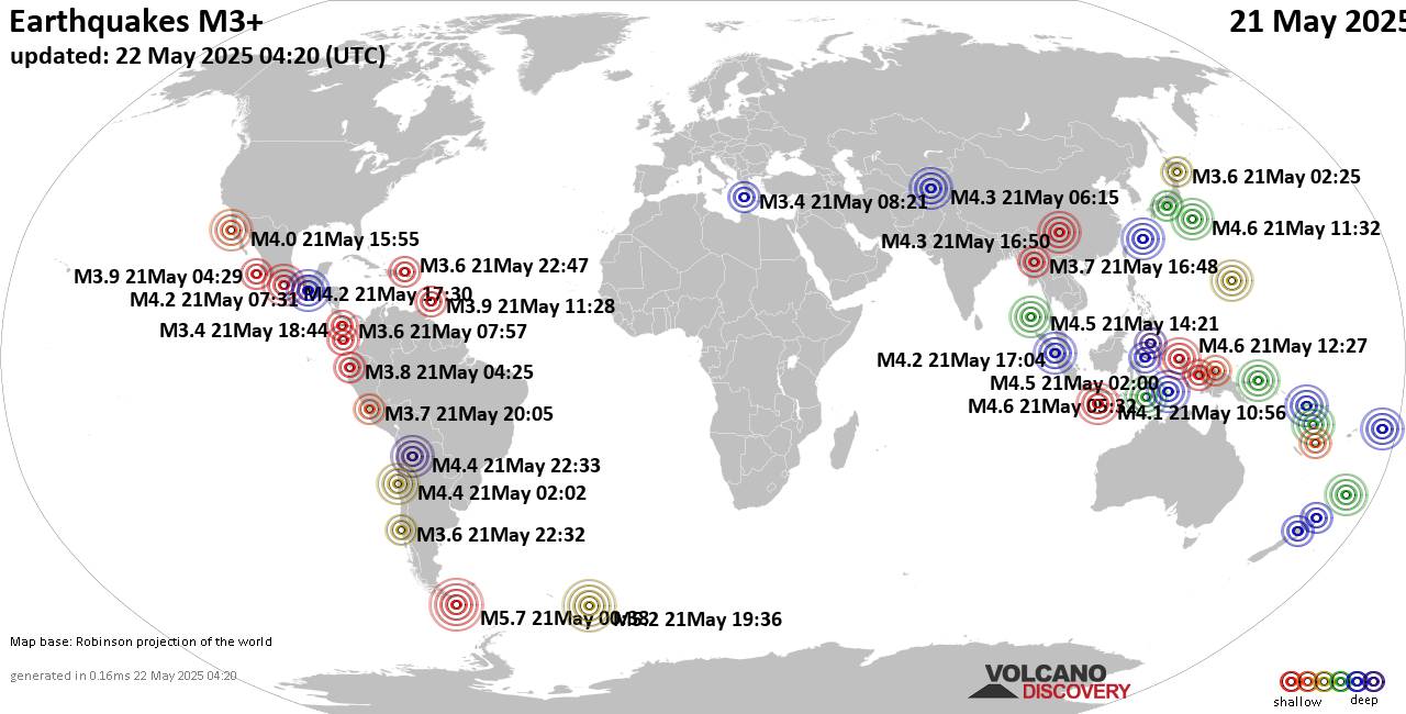 Mapa mundial que muestra terremotos de magnitud 3 en las últimas 24 horas 22 mayo 2025