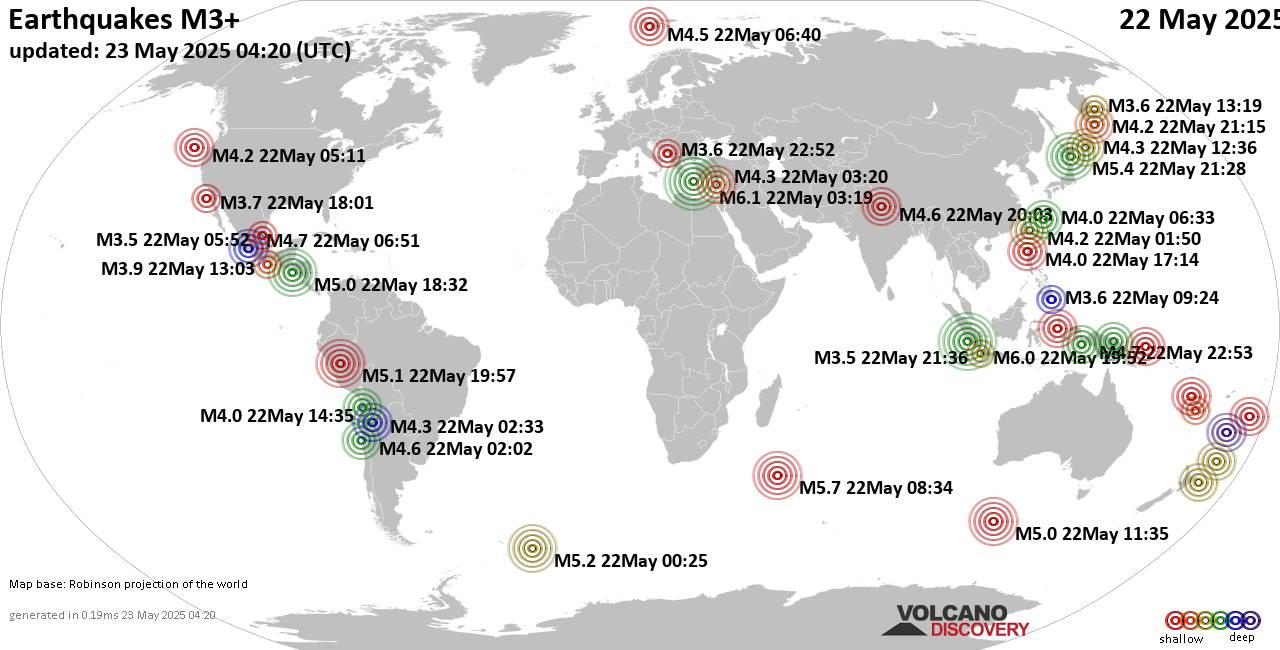 Worldwide earthquakes above magnitude 3 during the past 24 hours on 23 May 2025