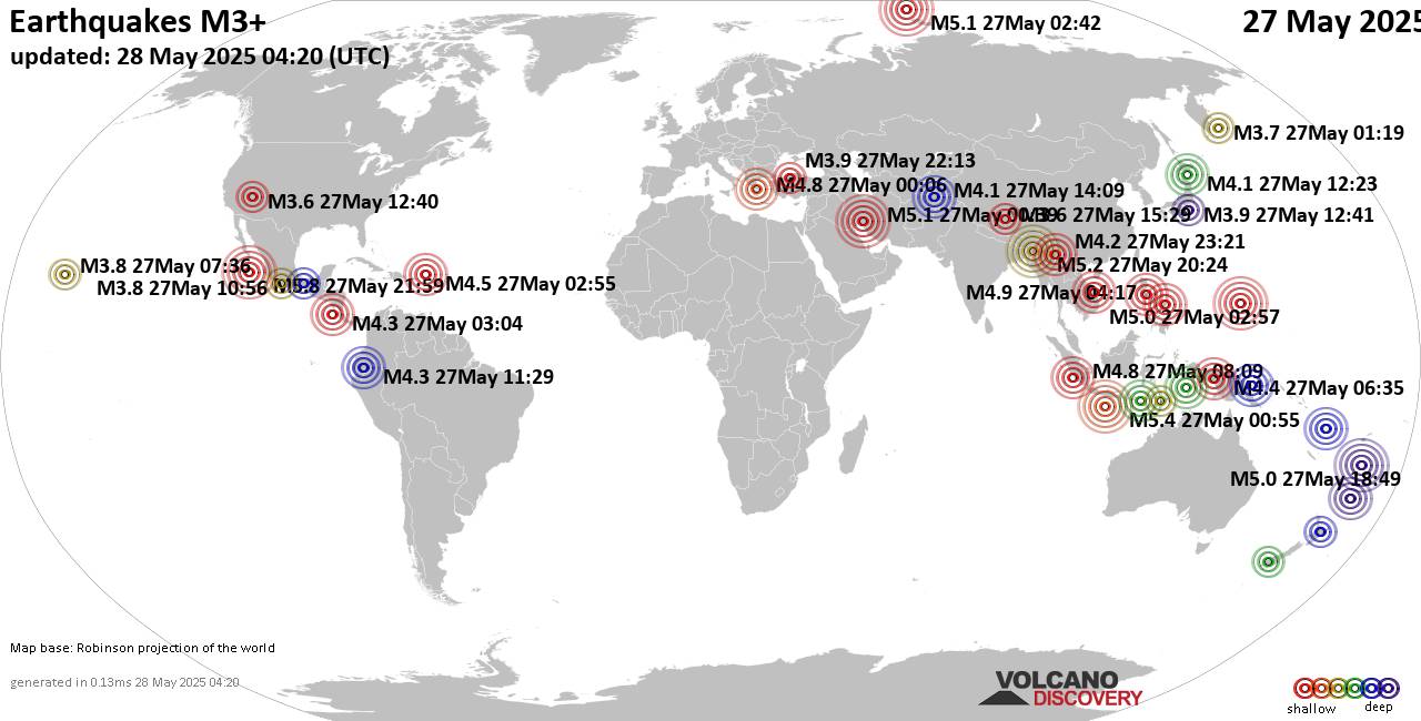 Carte du monde montrant les séismes supérieurs à la magnitude 3 mardi, 27 mai 2025
