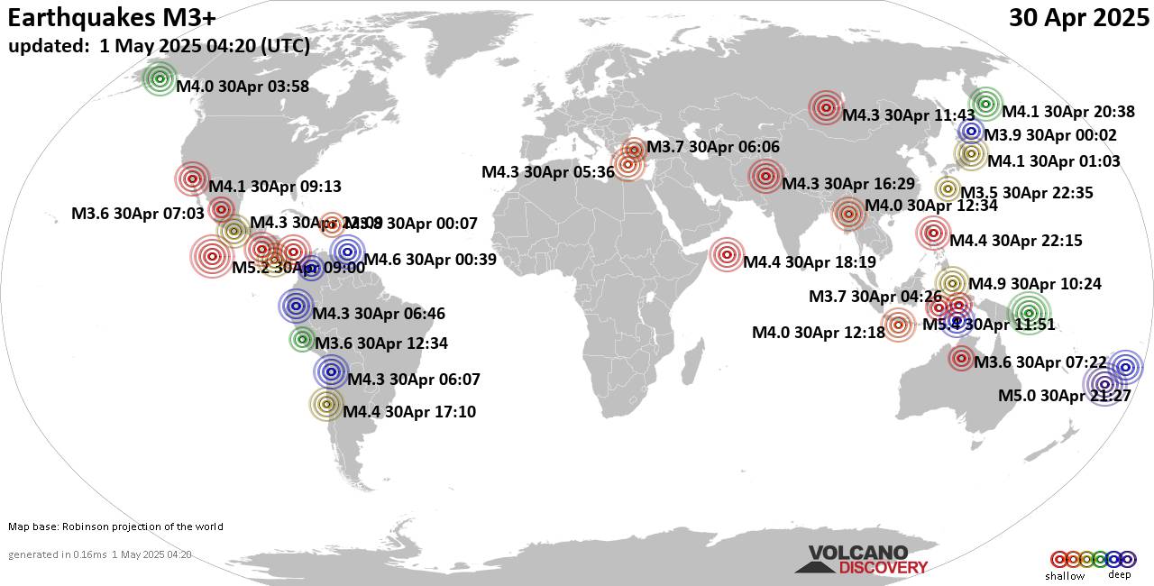 Carte du monde montrant les séismes supérieurs à la magnitude 3 mercredi, 30 avril 2025