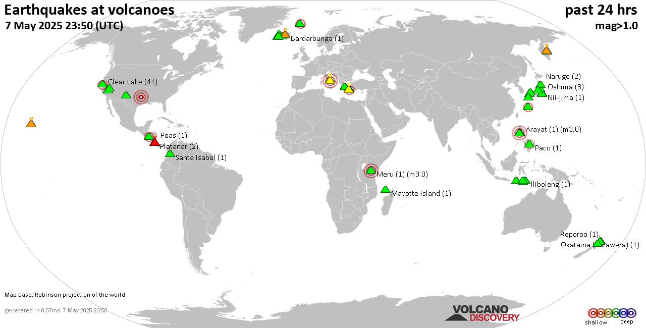 World map showing volcanoes with shallow (less than 50 km) earthquakes within 20 km radius  during the past 24 hours on  7 May 2025 Number in brackets indicate nr of quakes.