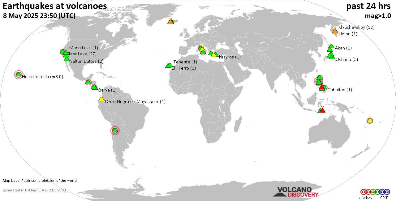 World map showing volcanoes with shallow (less than 50 km) earthquakes within 20 km radius  during the past 24 hours on  8 May 2025 Number in brackets indicate nr of quakes.