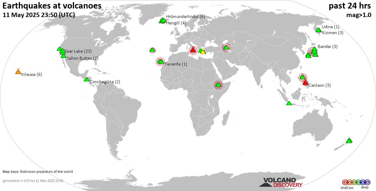 World map showing volcanoes with shallow (less than 50 km) earthquakes within 20 km radius  during the past 24 hours on 11 May 2025 Number in brackets indicate nr of quakes.