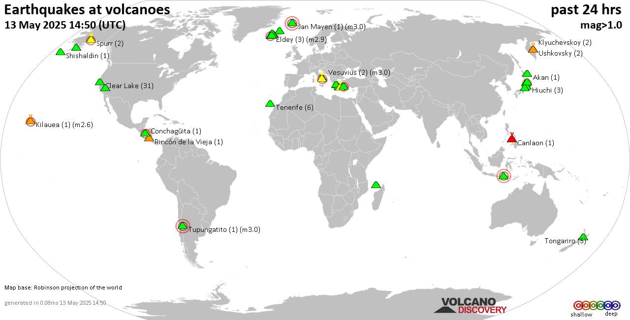 World map showing volcanoes with shallow (less than 50 km) earthquakes within 20 km radius  during the past 24 hours on 13 May 2025 Number in brackets indicate nr of quakes.