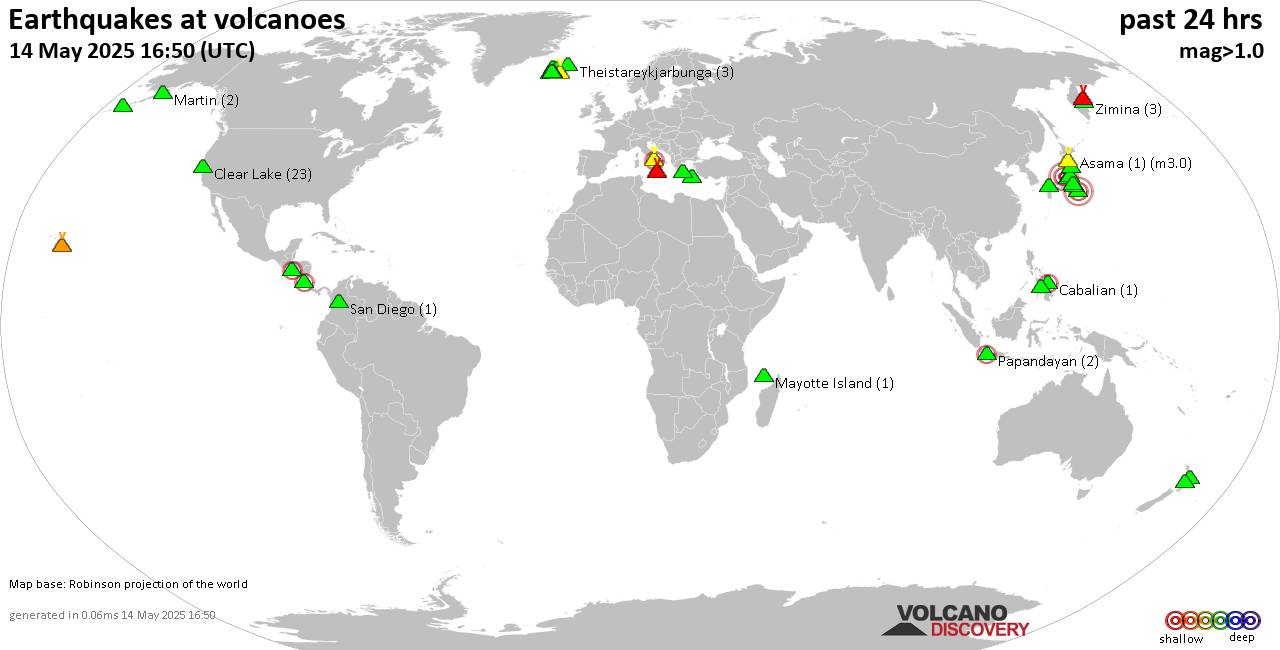 World map showing volcanoes with shallow (less than 50 km) earthquakes within 20 km radius  during the past 24 hours on 14 May 2025 Number in brackets indicate nr of quakes.