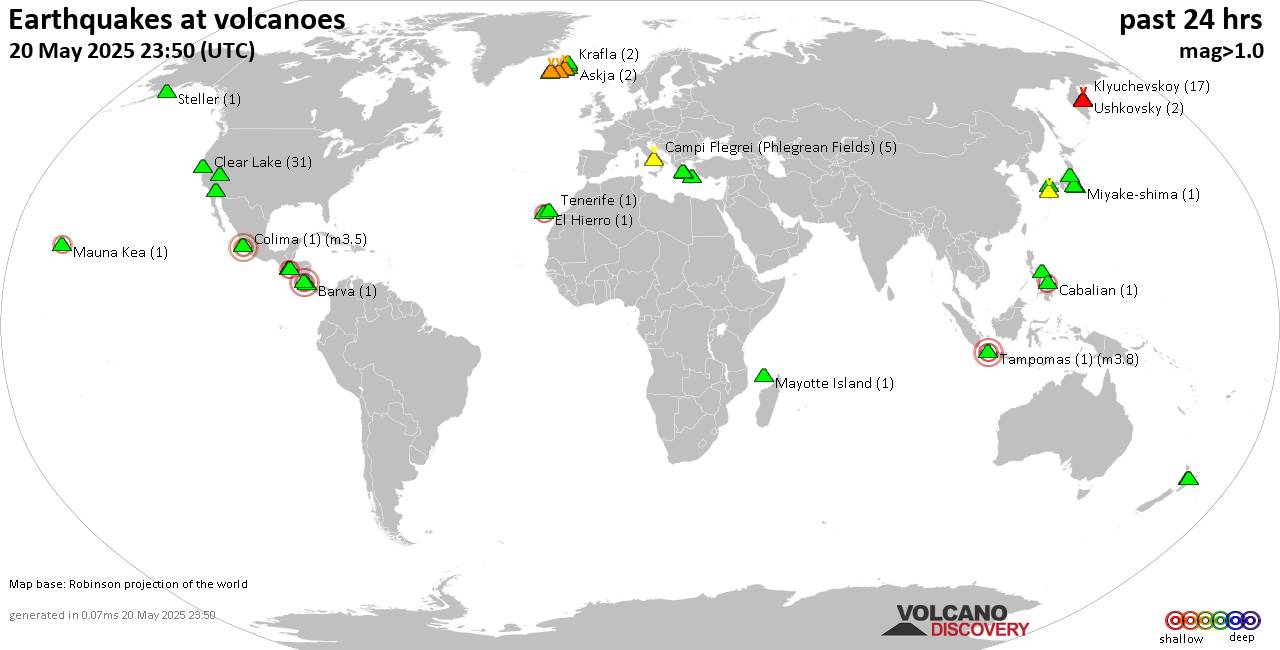 World map showing volcanoes with shallow (less than 50 km) earthquakes within 20 km radius  during the past 24 hours on 20 May 2025 Number in brackets indicate nr of quakes.
