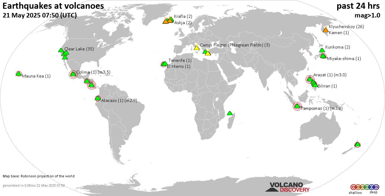World map showing volcanoes with shallow (less than 50 km) earthquakes within 20 km radius  during the past 24 hours on 21 May 2025 Number in brackets indicate nr of quakes.