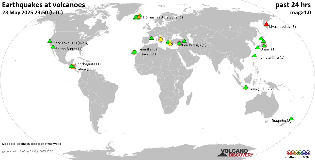 World map showing volcanoes with shallow (less than 50 km) earthquakes within 20 km radius  during the past 24 hours on 23 May 2025 Number in brackets indicate nr of quakes.