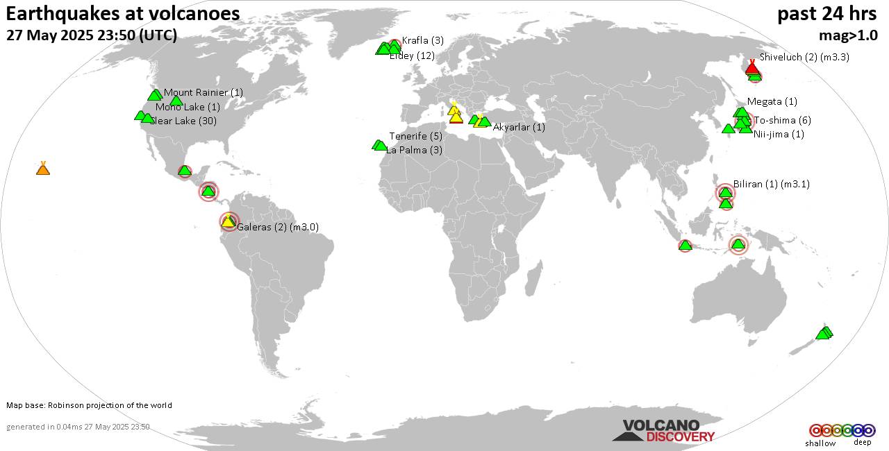 World map showing volcanoes with shallow (less than 50 km) earthquakes within 20 km radius  during the past 24 hours on 27 May 2025 Number in brackets indicate nr of quakes.